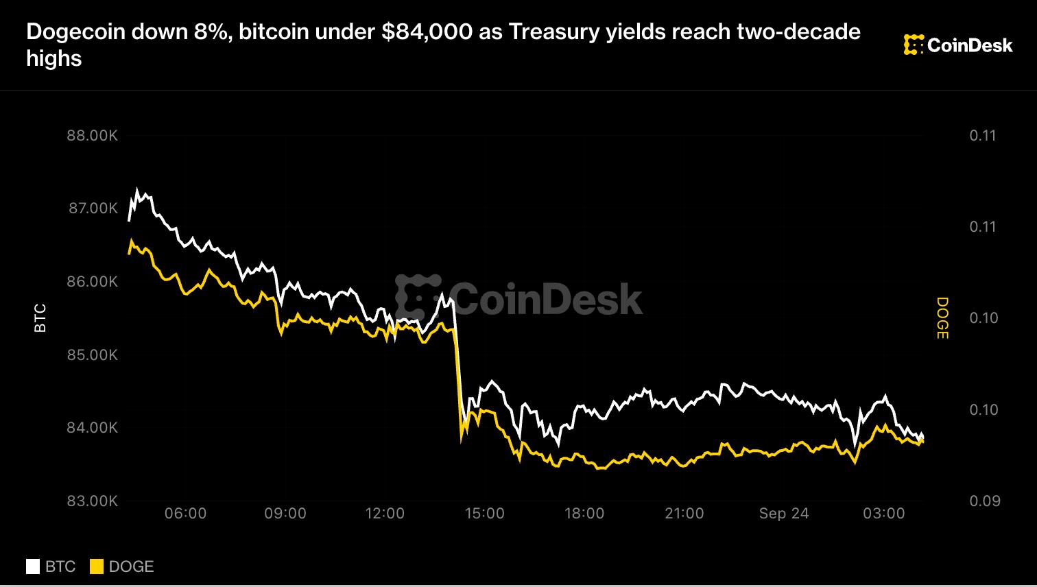 Dogecoin down 8%, bitcoin under $84,000 as Treasury yields hit highest level since 2007