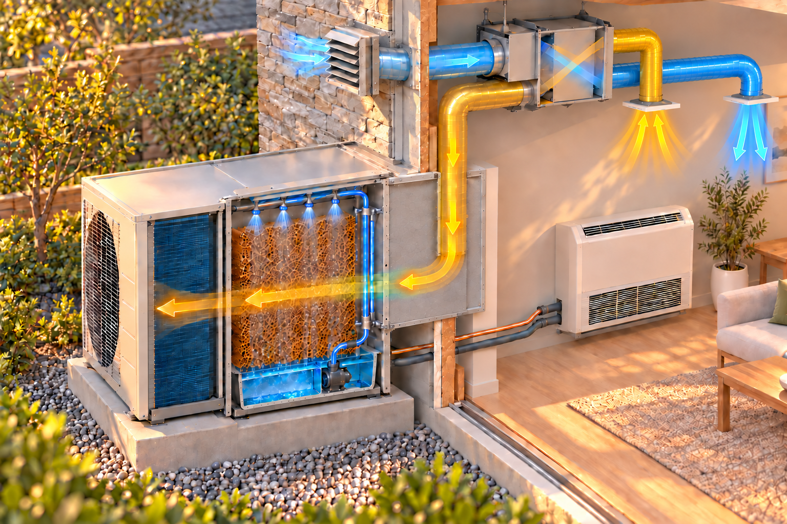 Ventilator exhaust air, evaporative cooling boost residential heat pump efficiency