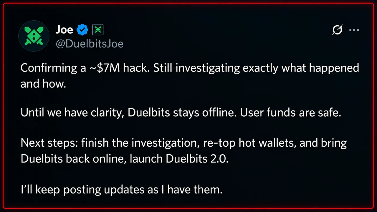 Crypto Casino Duelbits Hit With $7M Hack, Taken Offline