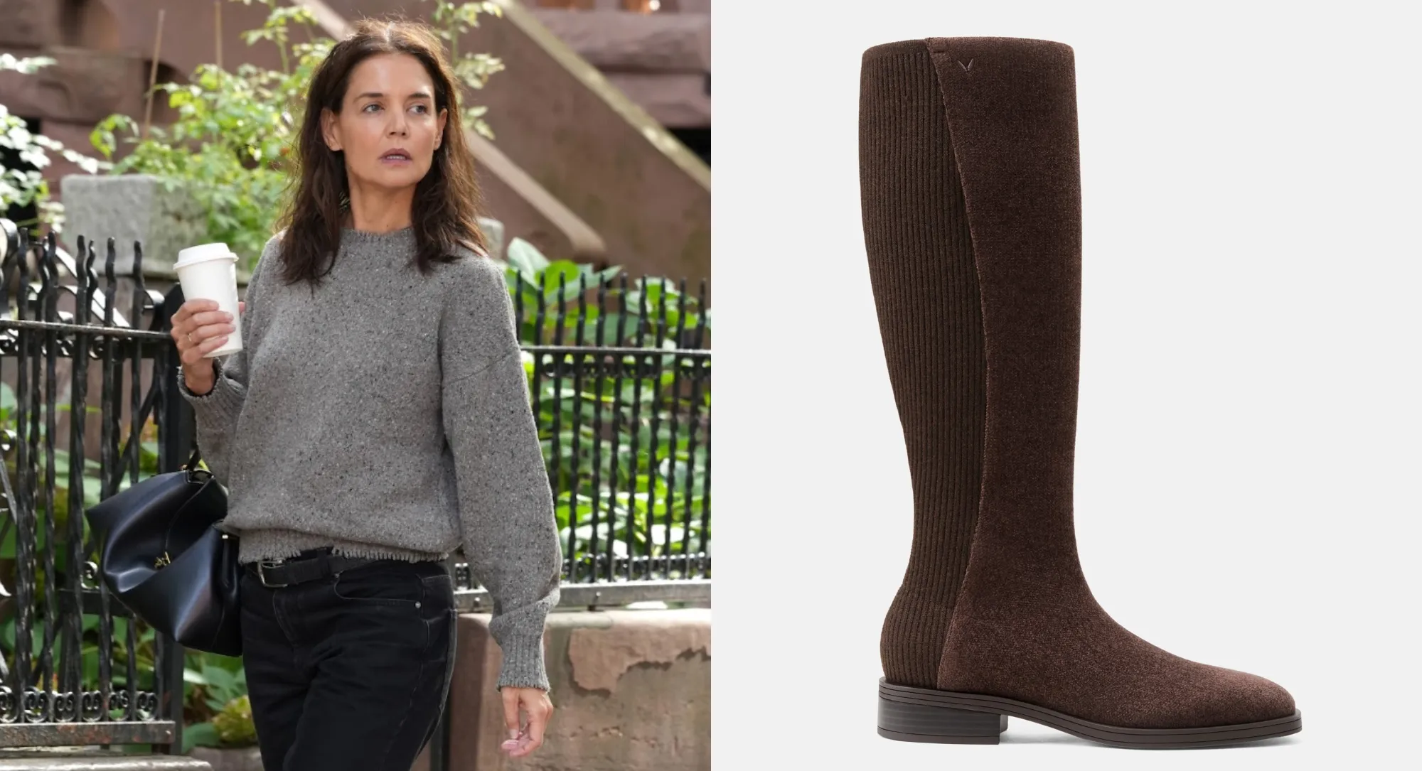 Katie Holmes Welcomes Fall With Chocolate Brown Knit Boots From Vivaia