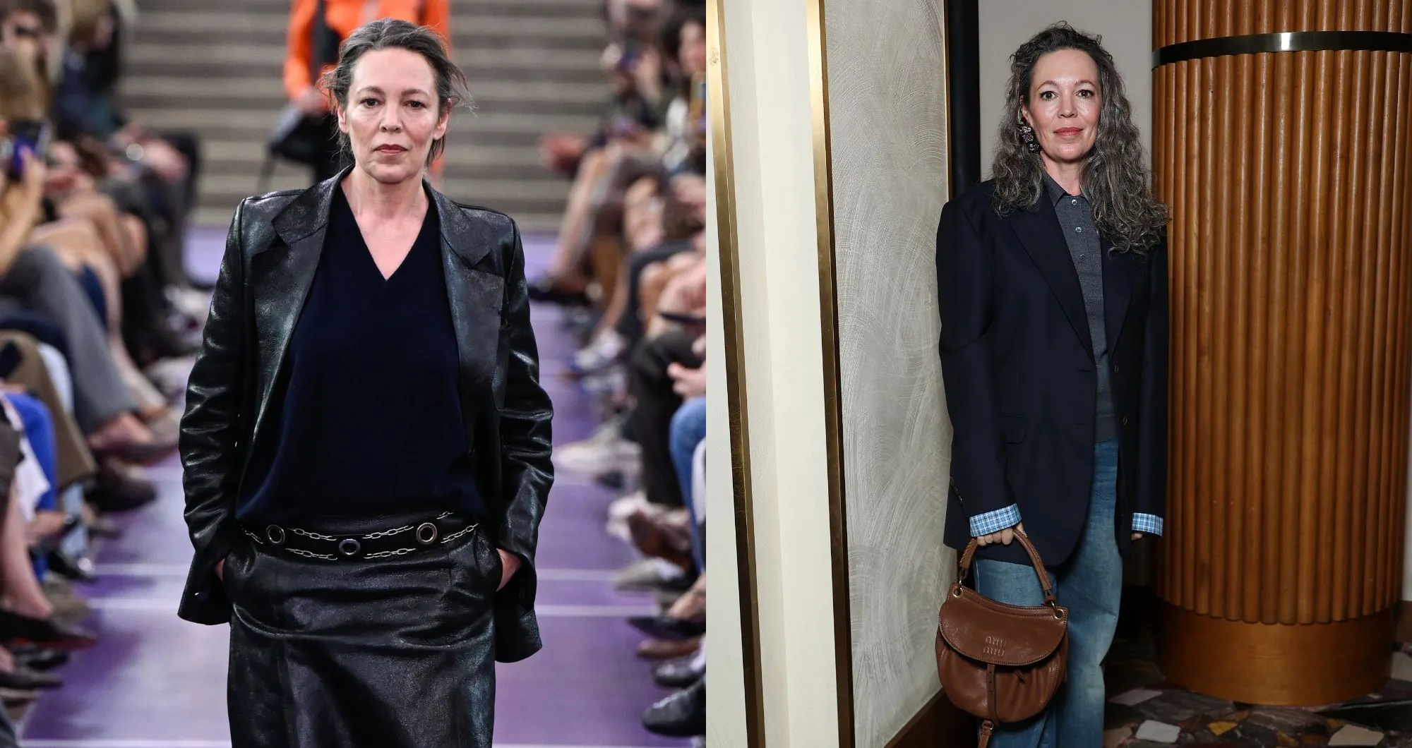Olivia Colman Tries Her Hand at Modeling in Sleek Leather Formalwear on Miu Miu’s Spring 2027 Runway