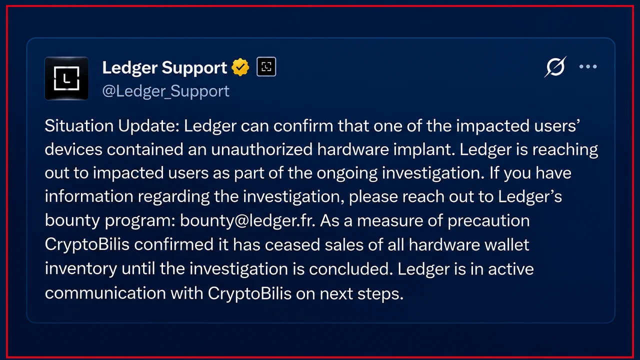 Ledger Confirms Hidden Hardware Implant in Affected User’s Wallet