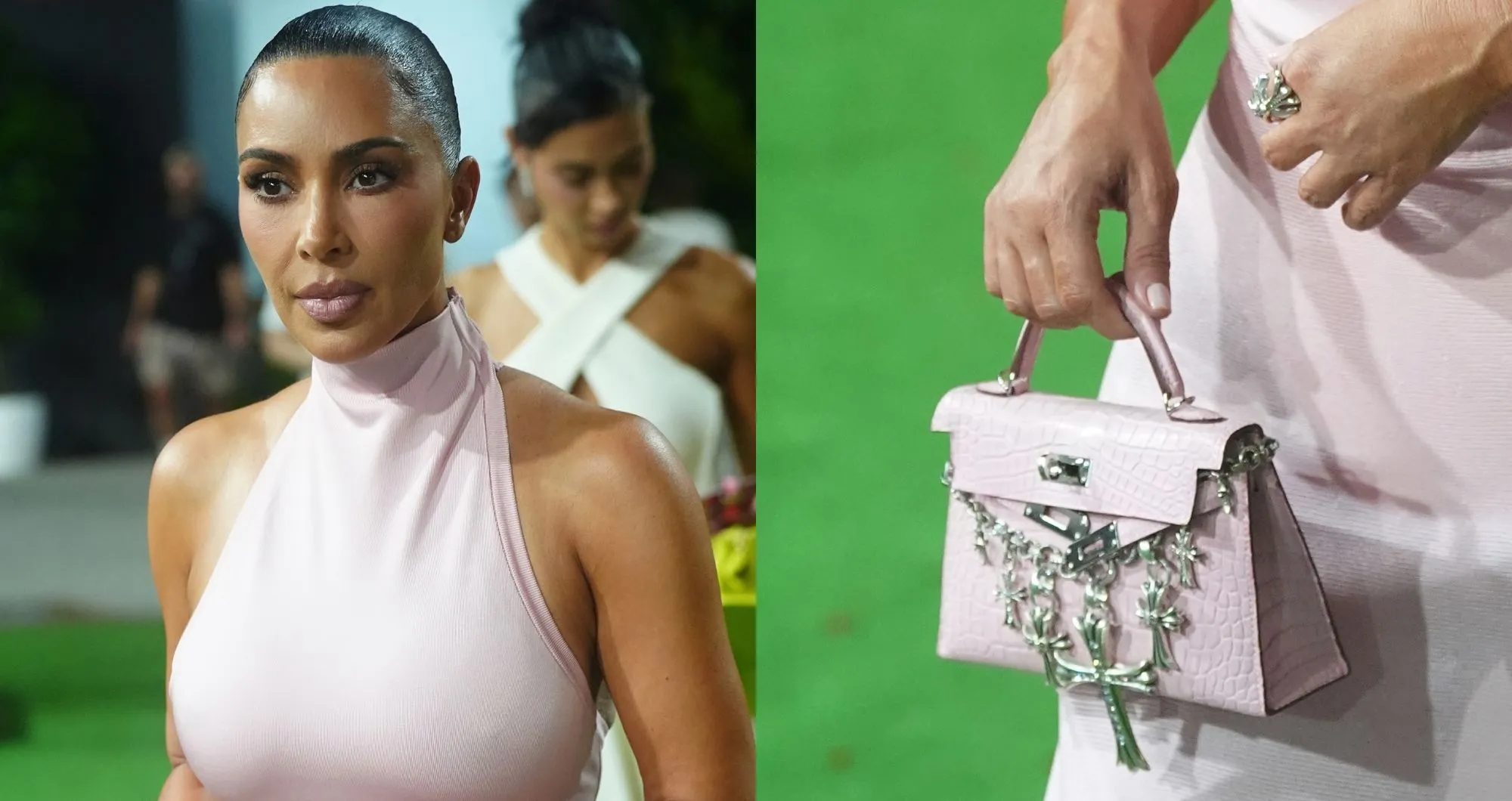 Kim Kardashian Pairs Sheer Pink Alaïa Look with Customized Hermès Bag Featuring Chrome Hearts Embellishment