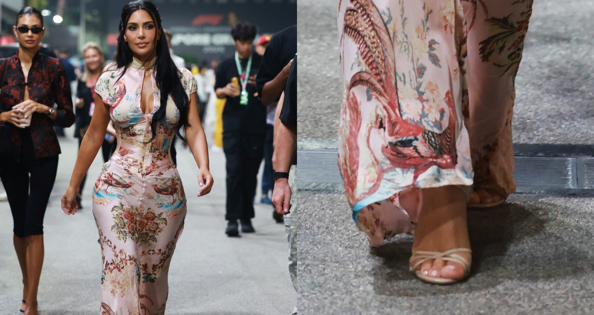 Kim Kardashian Pairs Maximalist Roberto Cavalli Dress With Strappy Manolo Blahnik Sandals at Singapore Grand Prix