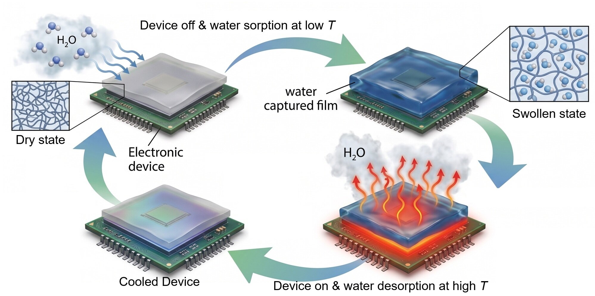 Self-cooling film for thermal management in AI-era electronic devices