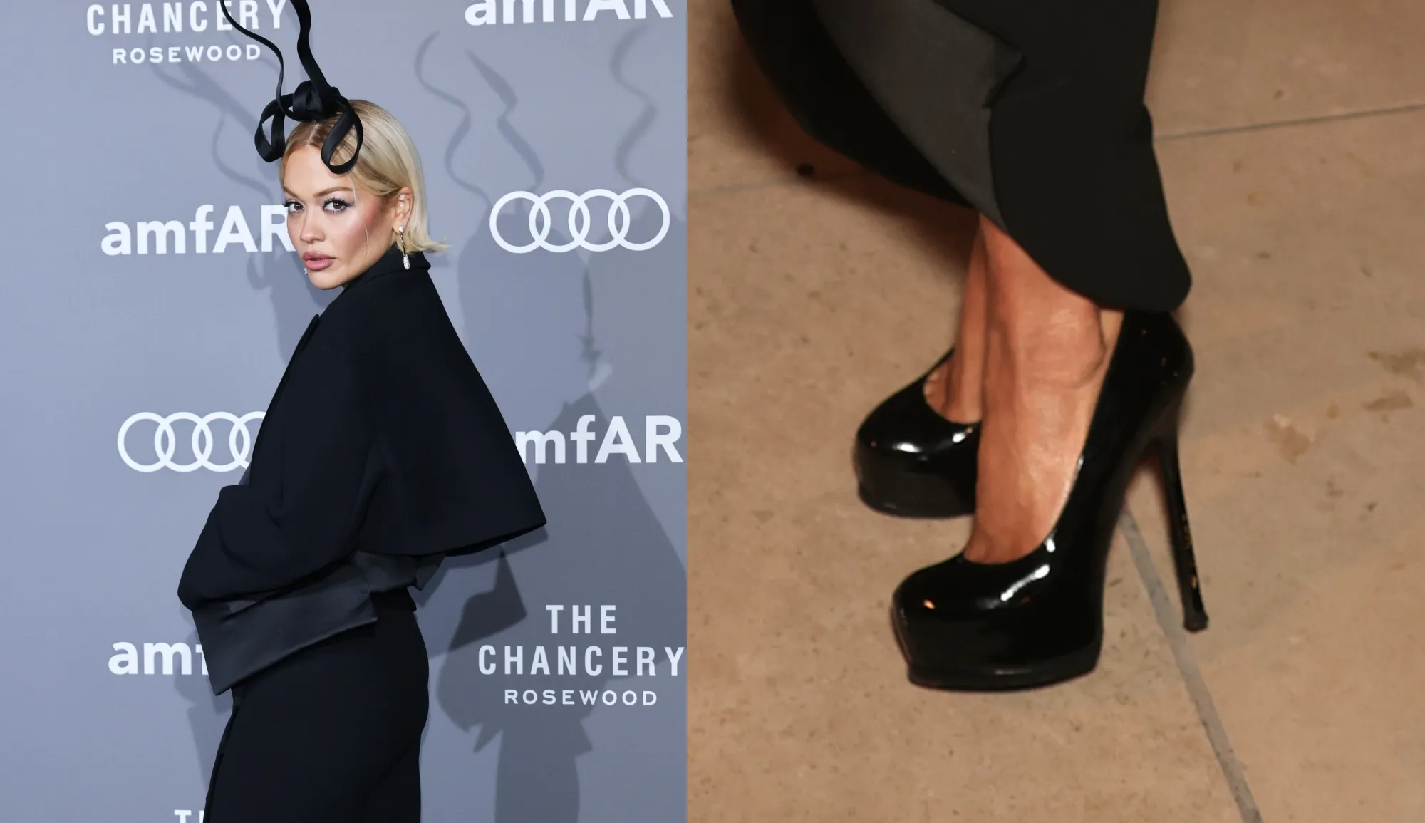 Rita Ora Goes for Height in Towering Pumps and Dramatic Headpiece at the 2026 amfAR London Gala