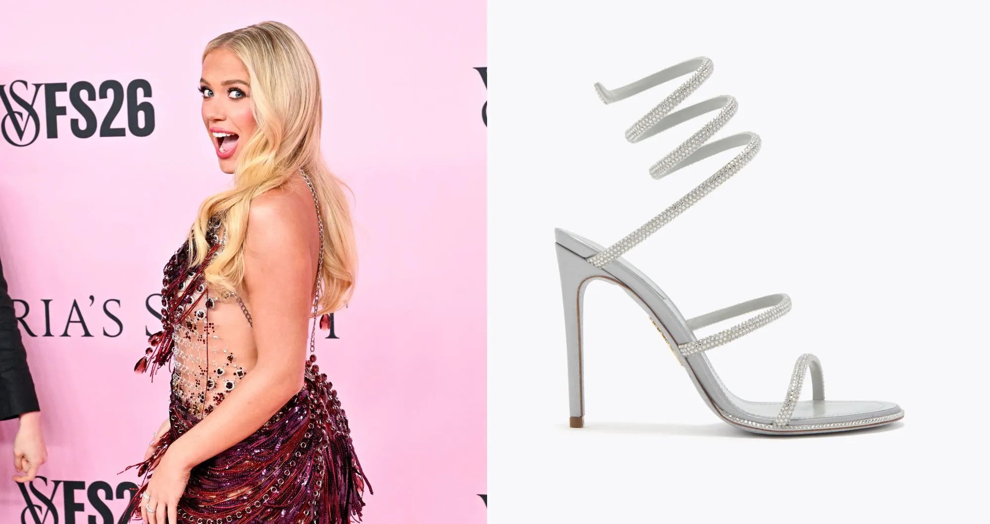 Megan Moroney Sparkles in Winding High-Shine Rene Caovilla Heels for Victoria’s Secret Fashion Show 2026 Pink Carpet