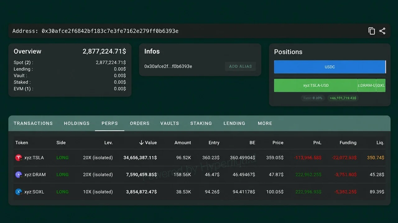 Hyperliquid Whale Down $9 Million This Week Flips to a 20x Tesla Bet