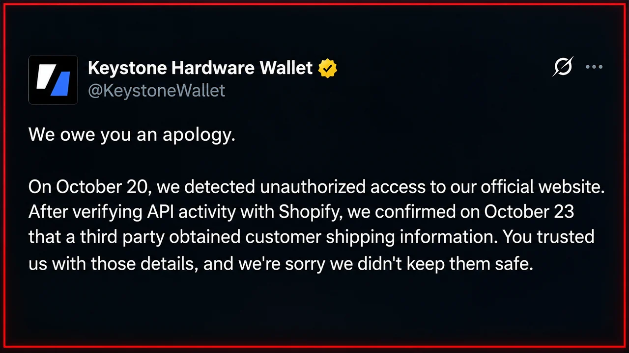 Keystone Wallet Data Breach Exposes Buyers’ Addresses to Scammers