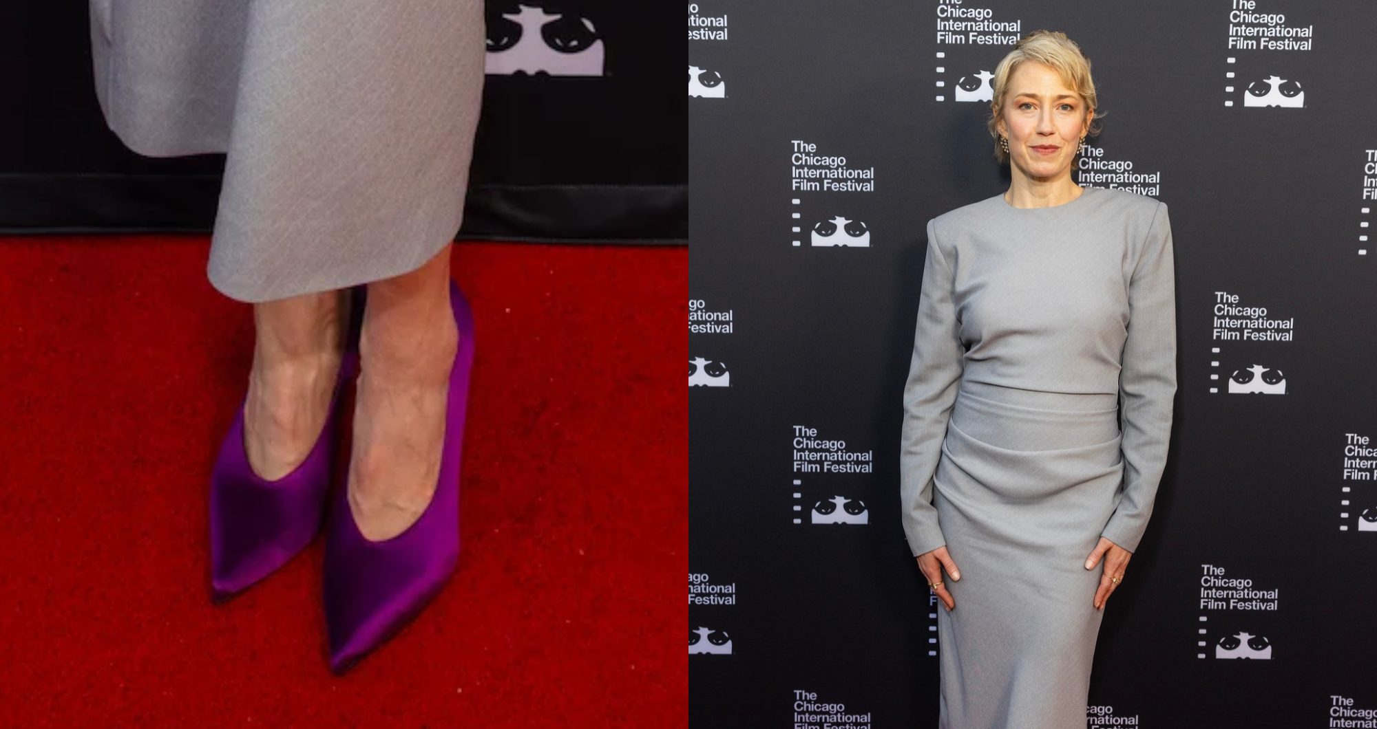 Carrie Coon Adds Some Color with Vibrant Magenta Pumps Paired with Gray Ensemble at Chicago International Film Festival