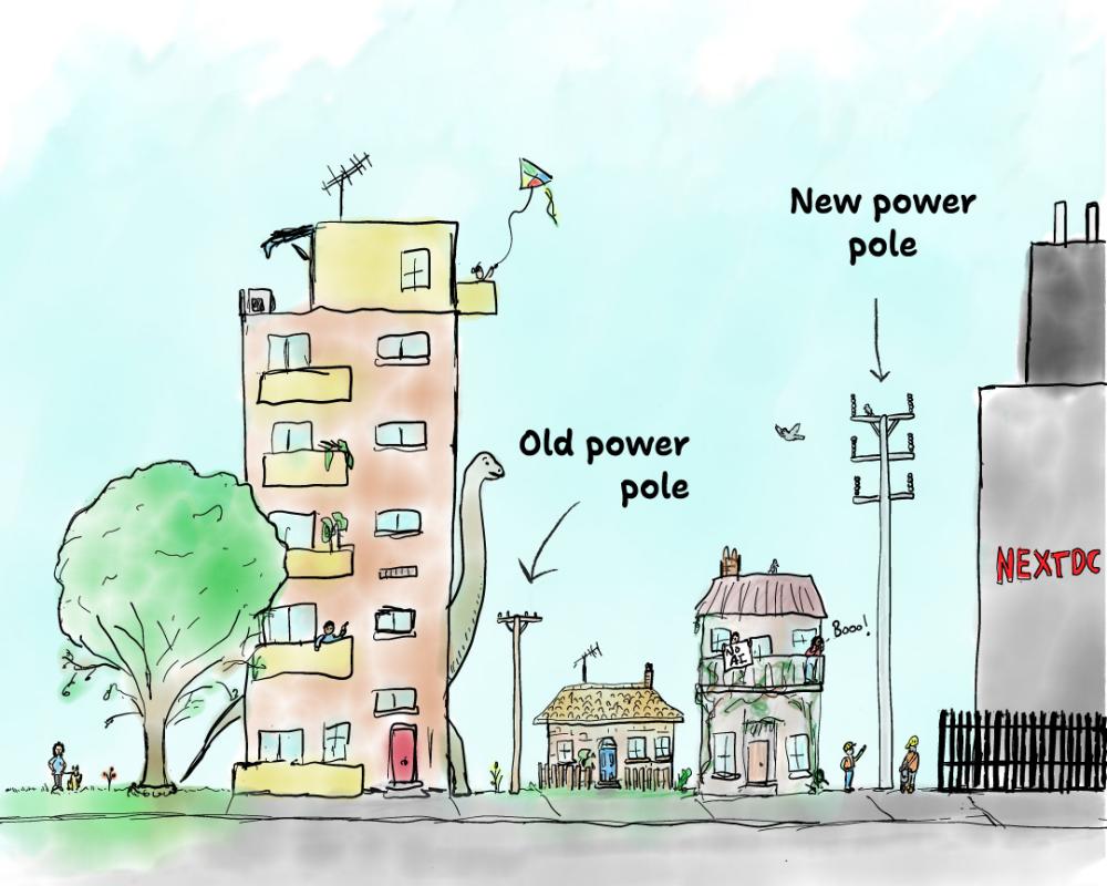 How tall are the AI datacentre power poles that sparked a community backlash in Melbourne?