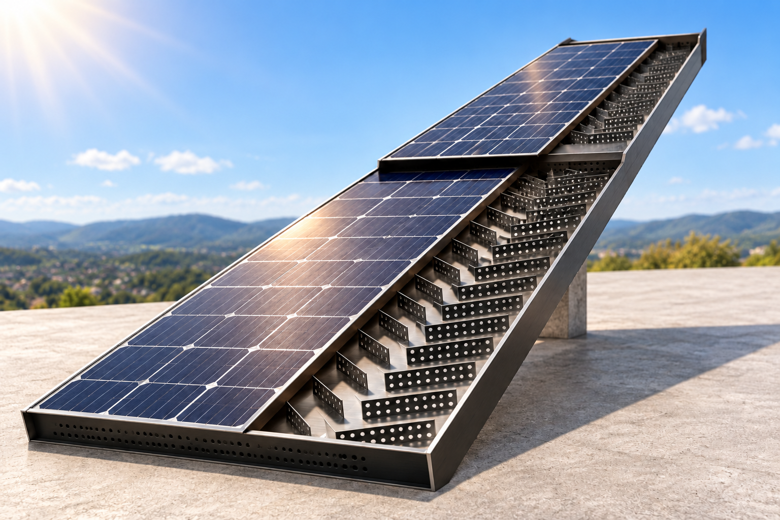 Stepped air channel, perforated fins improve passive cooling in PVT