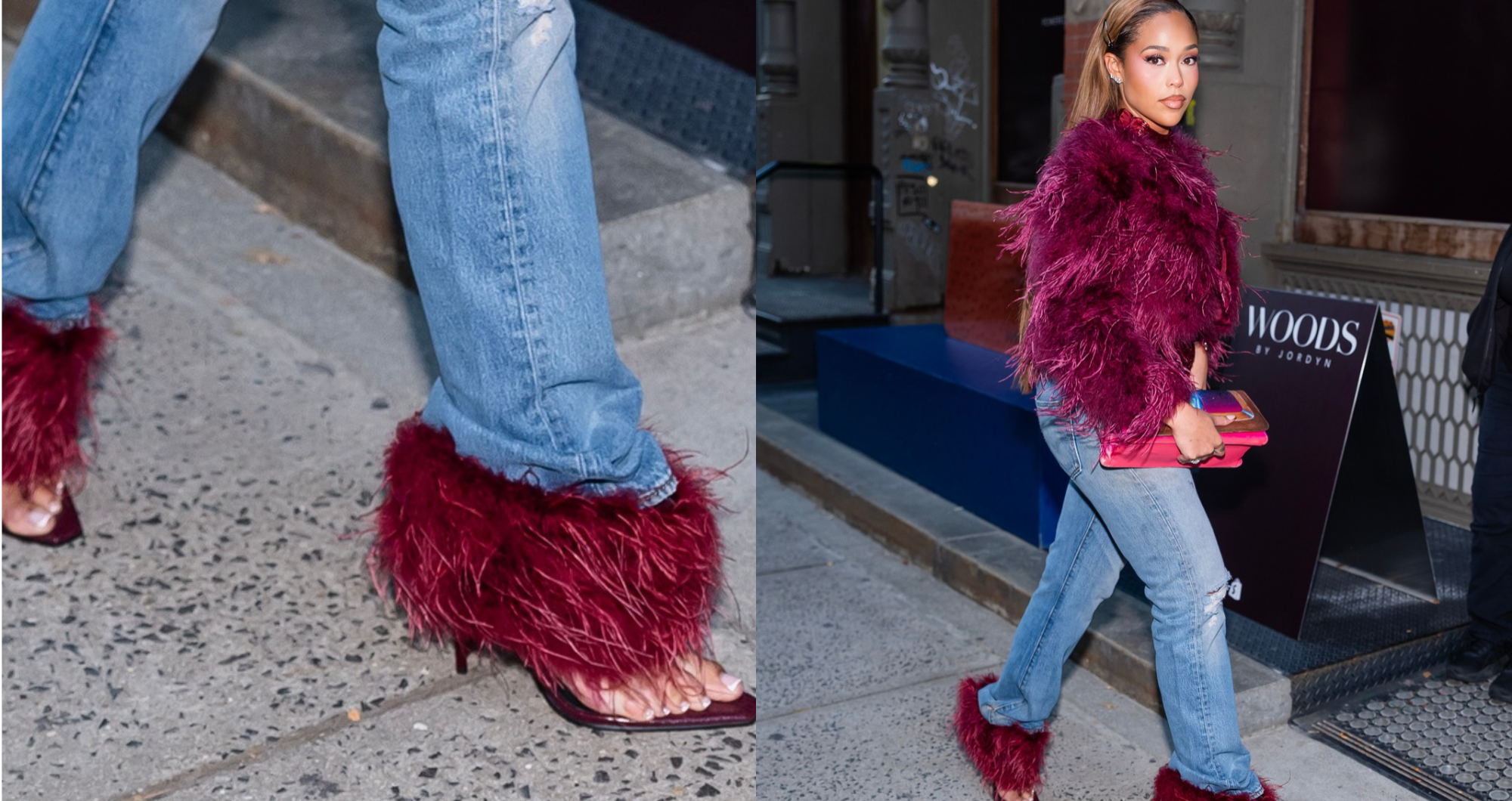 Jordyn and Jodie Woods Appear in Coordinated Feathered Stunt Heels at Woods by Jordyn New York City Popup