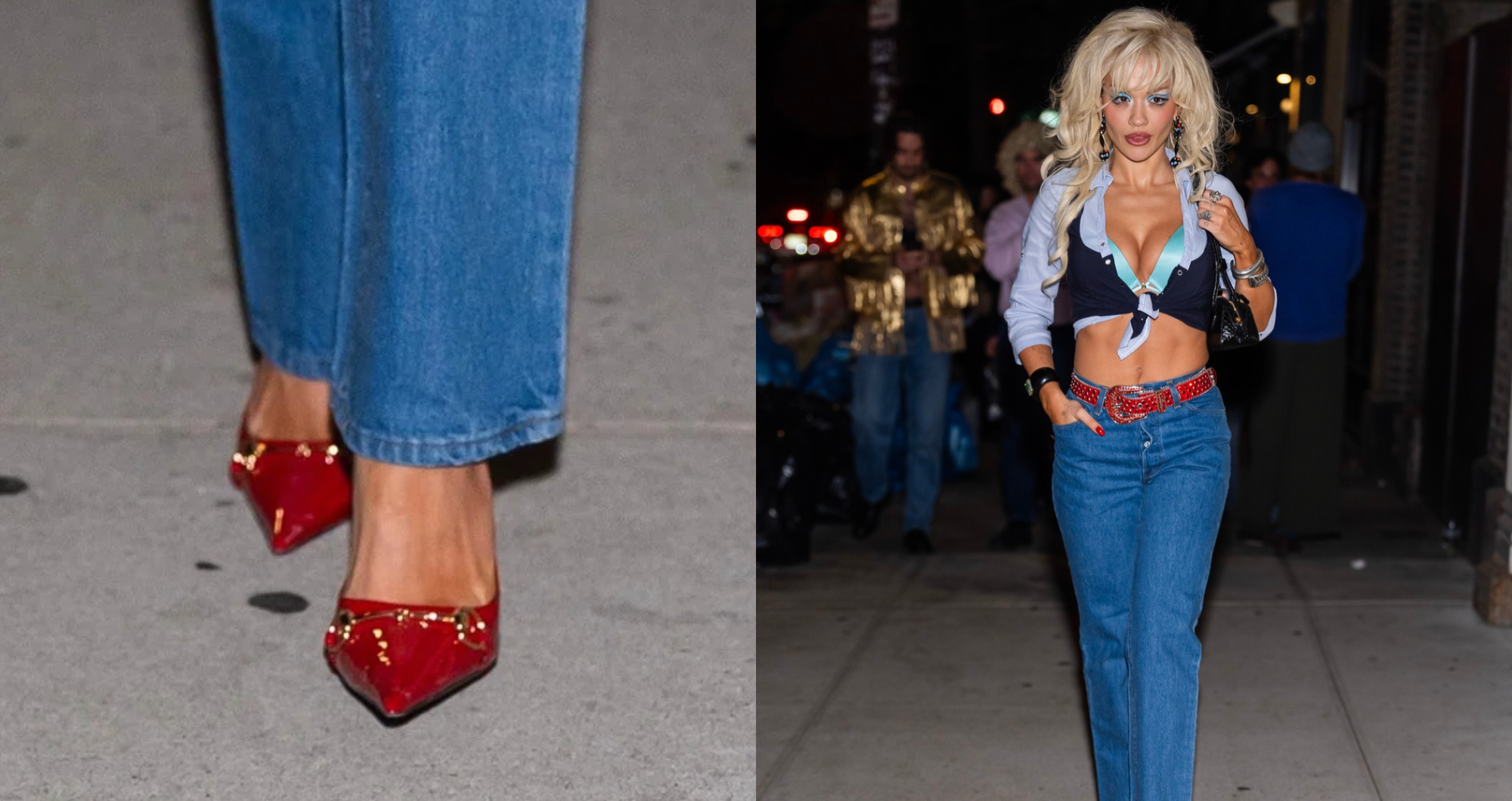 Rita Ora Honors Dolly Parton in Push-Up Bra and Gucci Horsebit Heels